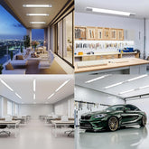 Collage of four images: interior with city view, workshop, office space, and green car.